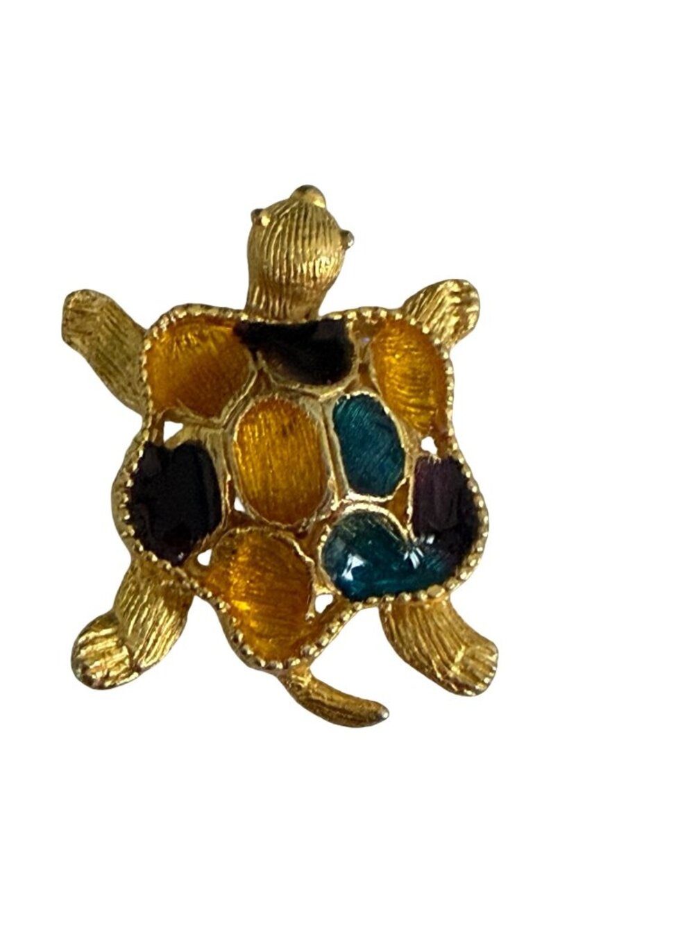 Vintage Gold Tone Sea Turtle Brooch Enamel Shell Blue Amber Green Turtle Pin